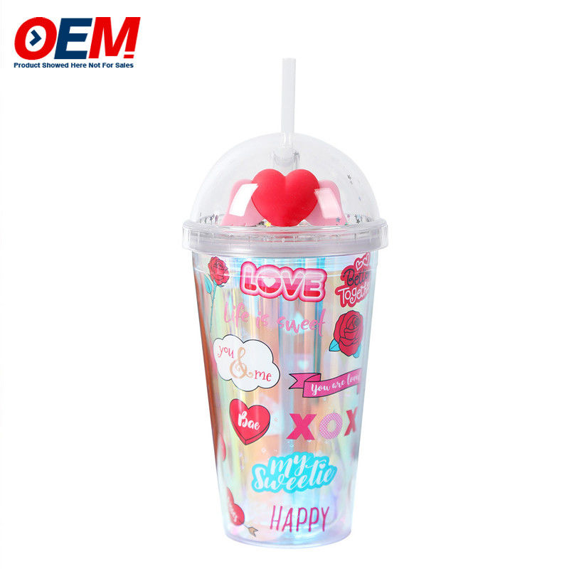 Custom PP Double Wall Cup met stro OEM Sweet Heart 450ml Plastic Water Cup