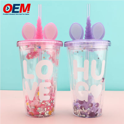 Op maat gemaakte PP Double Wall Cup met stro OEM 450ml Plastic Cup Made High Quality Cute Unicorn Water Cup