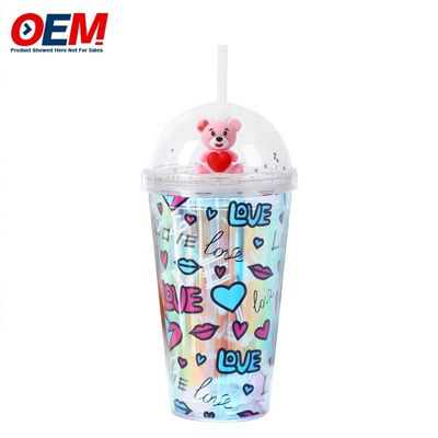 Fabriek maat PP Double Wall Cup met stro OEM Plastic Cup schattig beer waterbeker